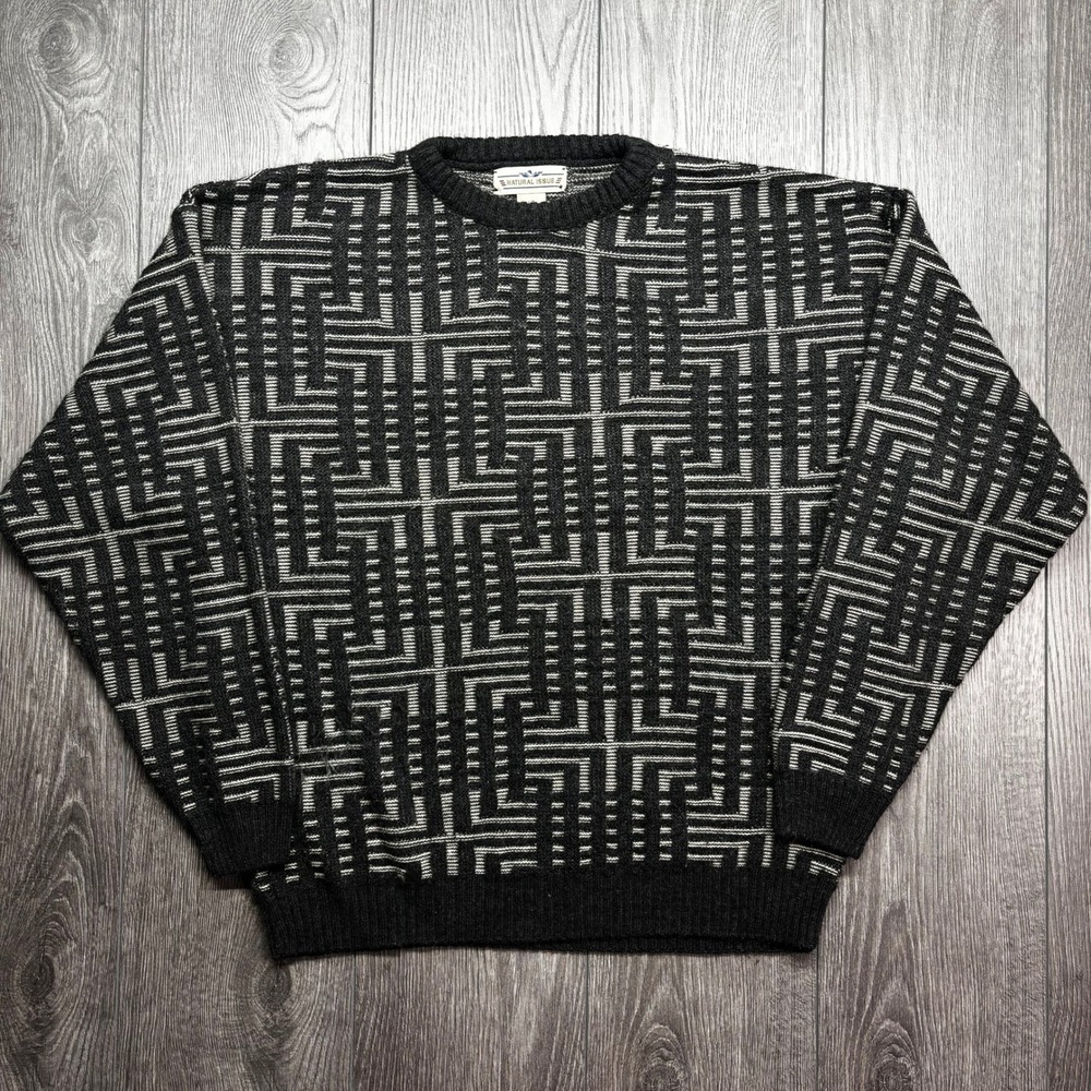 Natural Issue Mens Large Black White Geometric Maze Knit Crew Neck Sweater Y2k